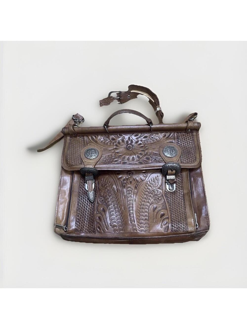 American West Vintage Tooled Leather Briefcase Messenger Bag Brown Western